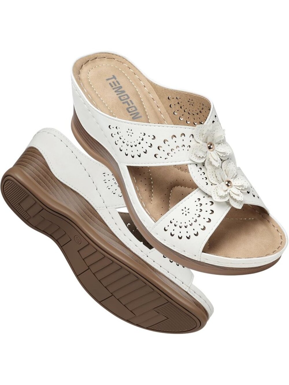 Women's White Wedge Sandals Leather Comfortable Walking Fit Wide Foot Shoes